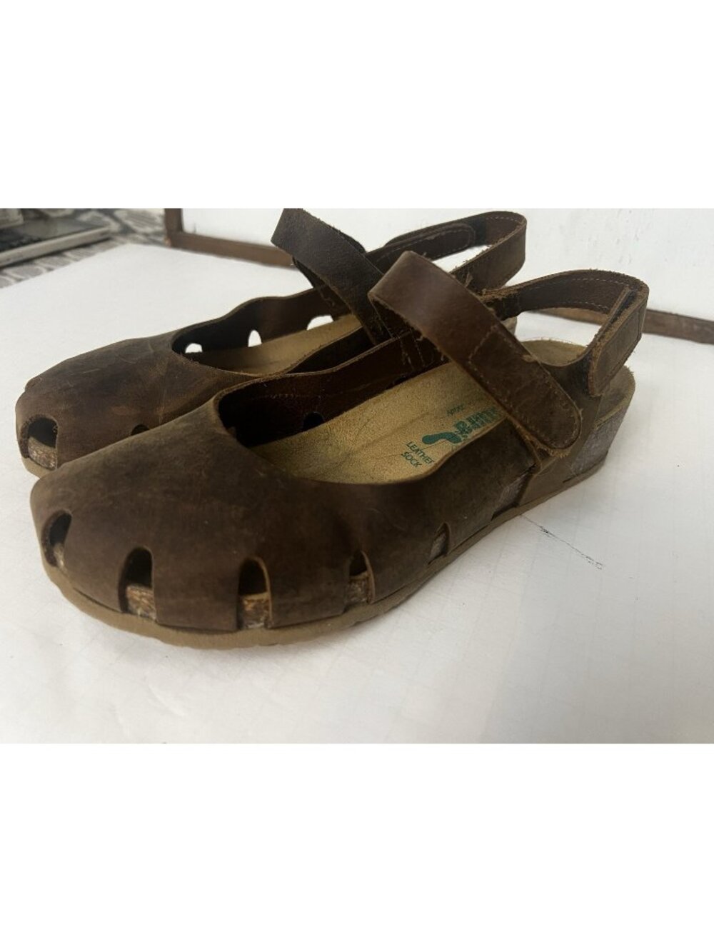 Bionatura 39 US 8 Brown Distressed Leather Cork Mary Jane Shoes Sandals
